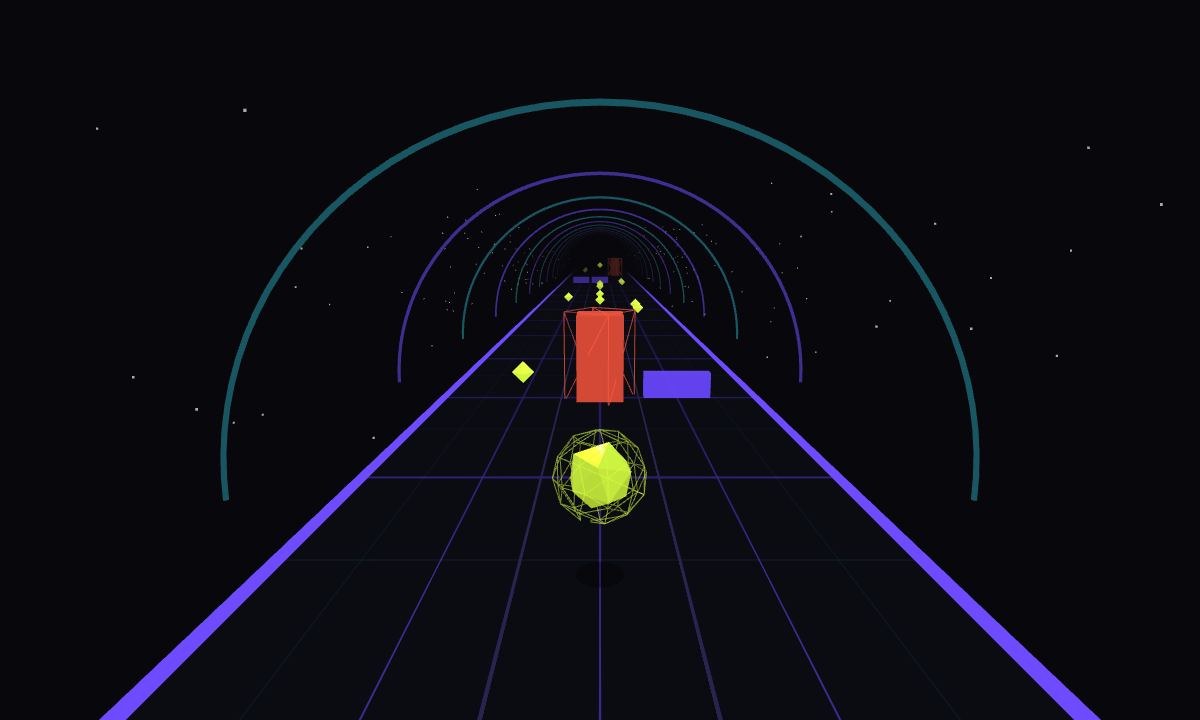Pipeline Runner gameplay: a glowing data packet speeding down a neon pipeline past red bugs and violet firewalls